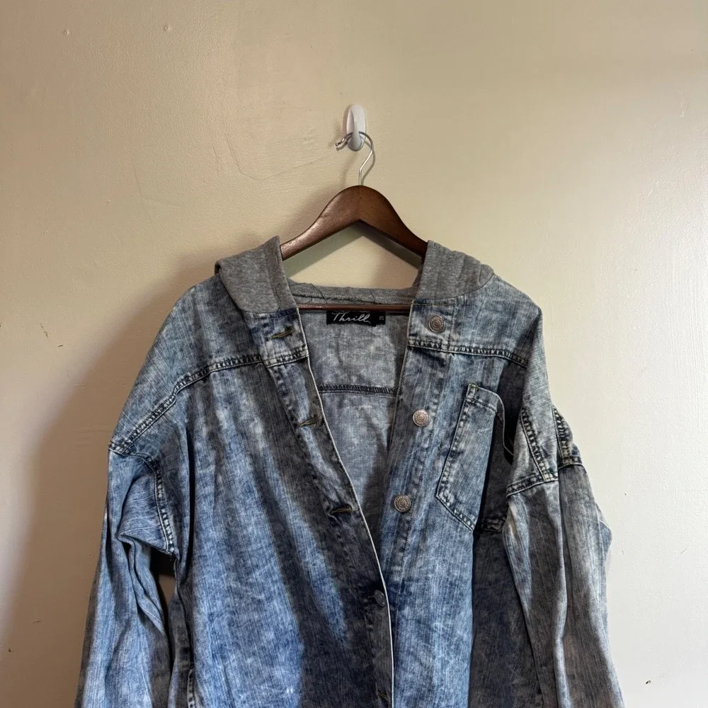 Thrill Men's Sz 2x Blue Acid Wash Hooded Denim Jacket 100% Cotton Grunge